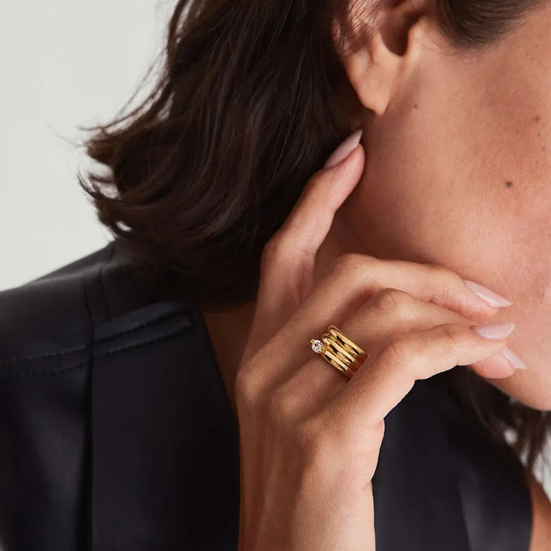 Three stackable gold band ring set with oversized prong set pear cut crystal centerstone — waterproof hypoallergenic bridal inspired statement ring
