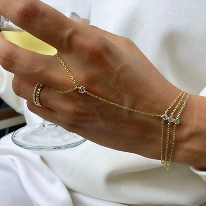 Delicate gold triple chain hand bracelet with bezel set crystals connecting to finger ring loop — waterproof hypoallergenic hand chain jewelry