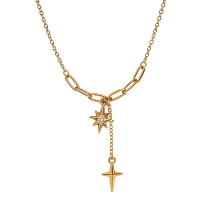 Gold paperclip chain necklace with crystal north star and gold dagger cross charms — waterproof hypoallergenic celestial statement jewelry