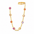 A gold chain necklace with a matching open cuff bracelet, featuring round bezel-set multicolor gemstones in pink, orange, purple, and clear, displayed on a clean white background.