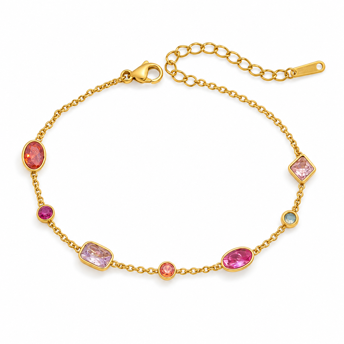 A gold chain bracelet featuring multiple colorful gemstones in oval, rectangular, and round settings, displayed on a clean white background.