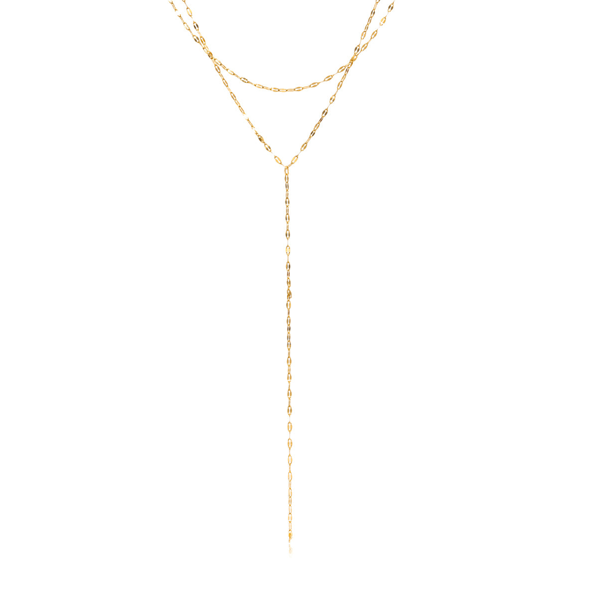 Lariat — double chain Y-drop necklace with fine oval links on white background