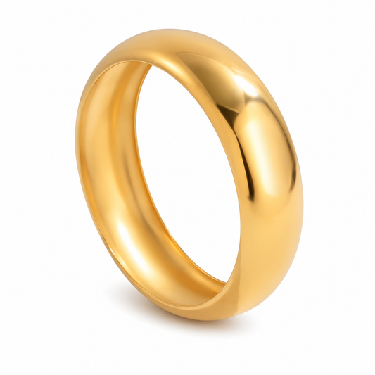 A classic yellow gold band ring with a smooth, polished dome-shaped exterior, shown on a clean white background.