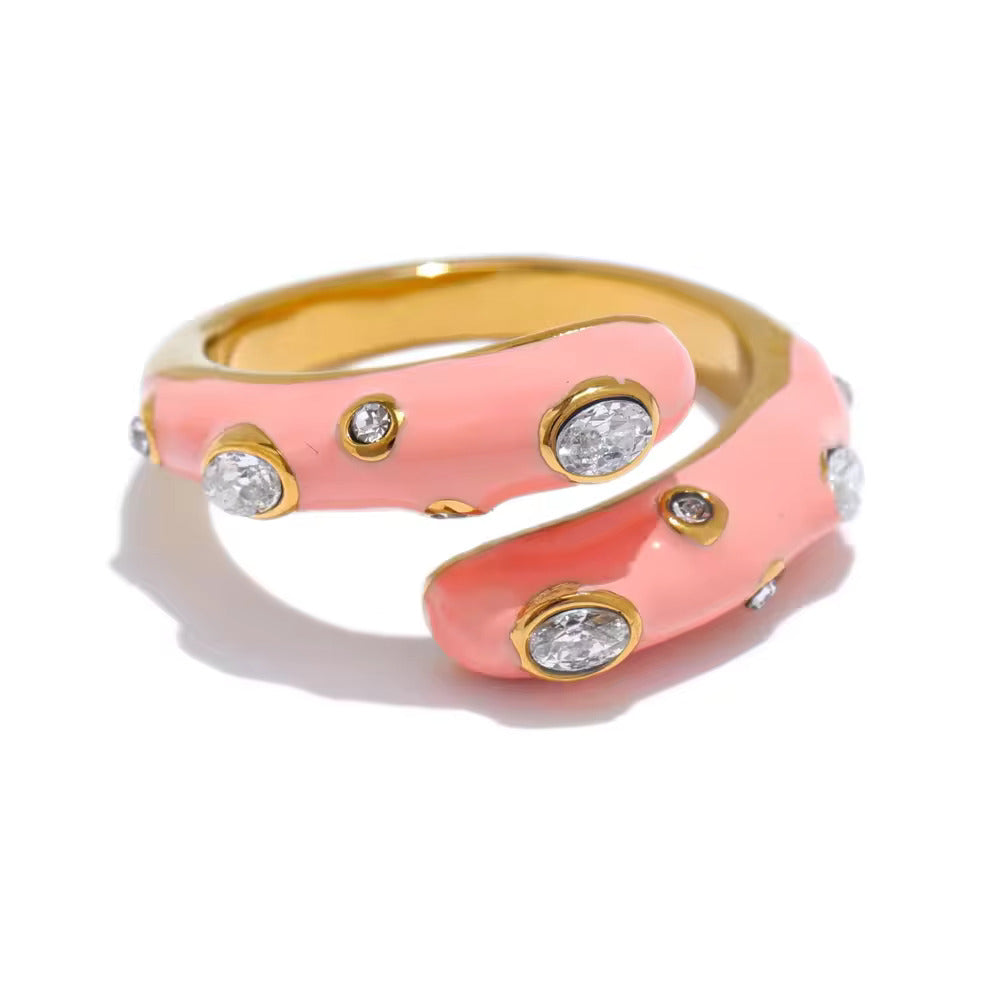 lossy enamel bypass wrap ring with bezel set oval and round crystals in sky blue and pink on gold band — waterproof hypoallergenic colorful statement ring