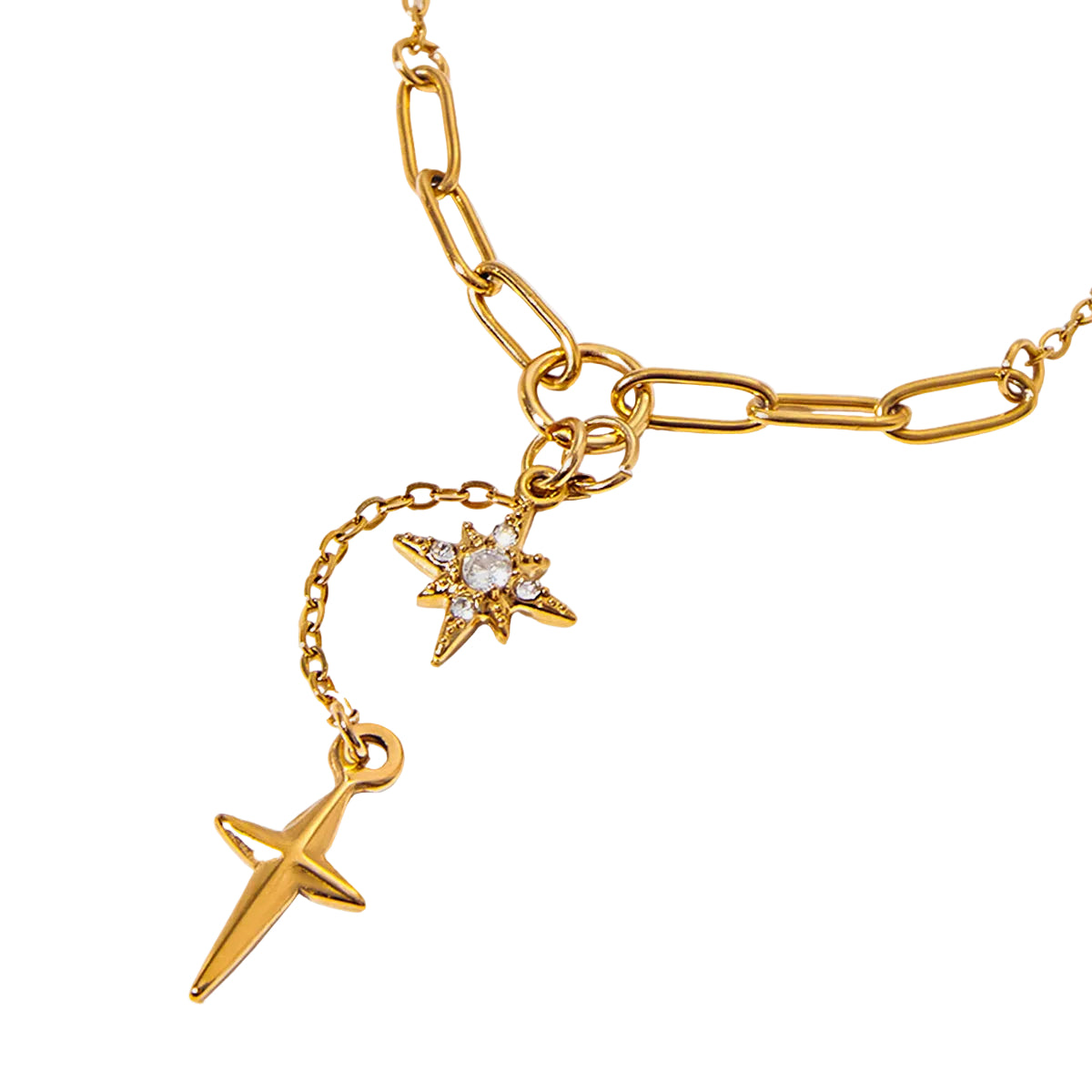 Gold paperclip chain necklace with crystal north star and gold dagger cross charms — waterproof hypoallergenic celestial statement jewelry