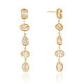 Long linear crystal drop earrings with mixed bezel-set stones. Gold dangle earrings, five stone drop, waterproof and hypoallergenic. Glamorous women's earrings.