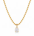 A gold ball chain necklace with a pear-cut diamond pendant and a small diamond accent above it, shown on a clean white background.