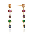Multicolor gemstone drop earrings with gold bezel setting. Long five-stone dangle earrings in rainbow colors, stud post, waterproof and hypoallergenic. Women's colorful statement earrings.
