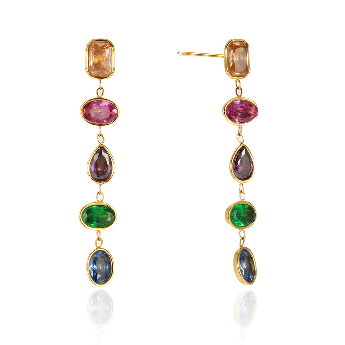 Multicolor gemstone drop earrings with gold bezel setting. Long five-stone dangle earrings in rainbow colors, stud post, waterproof and hypoallergenic. Women's colorful statement earrings.
