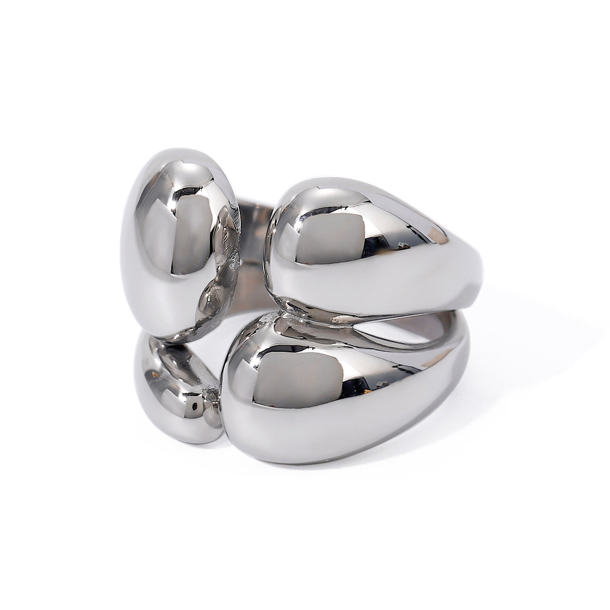 Chunky silver bubble cluster ring with four oversized polished orbs and double band base — waterproof hypoallergenic bold statement ring