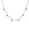 Gold chain necklace with six dangling turquoise bezel-set stone charms — waterproof hypoallergenic colorful jewelry