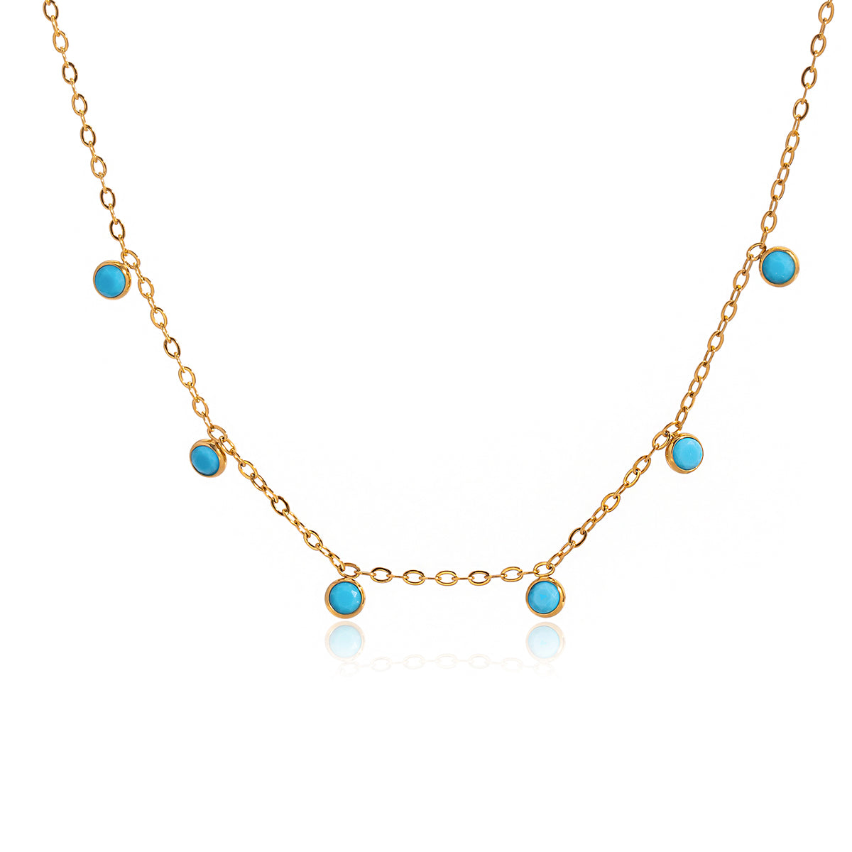 Gold chain necklace with six dangling turquoise bezel-set stone charms — waterproof hypoallergenic colorful jewelry