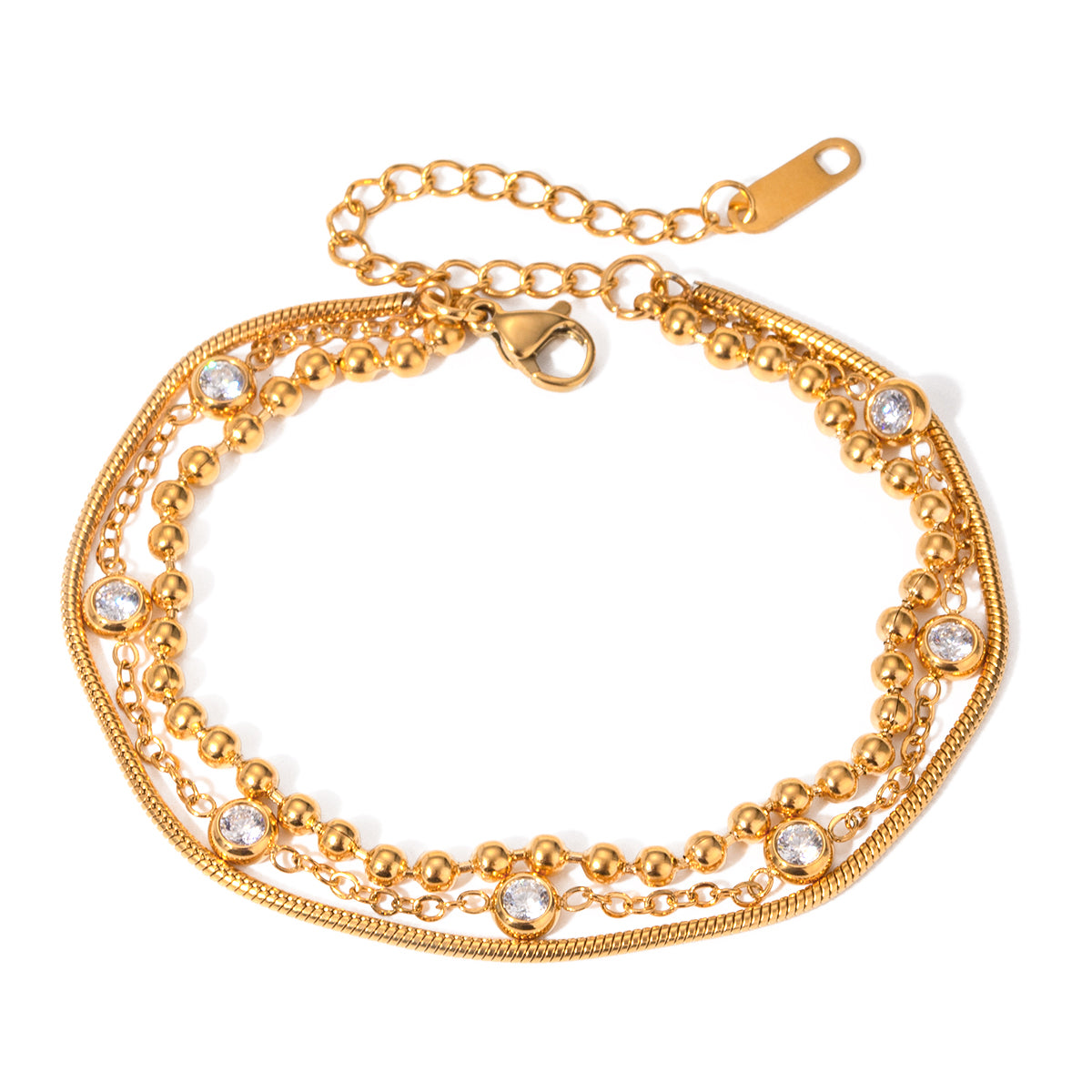Gold bracelet with multiple chains and crystal embellishments on a white background