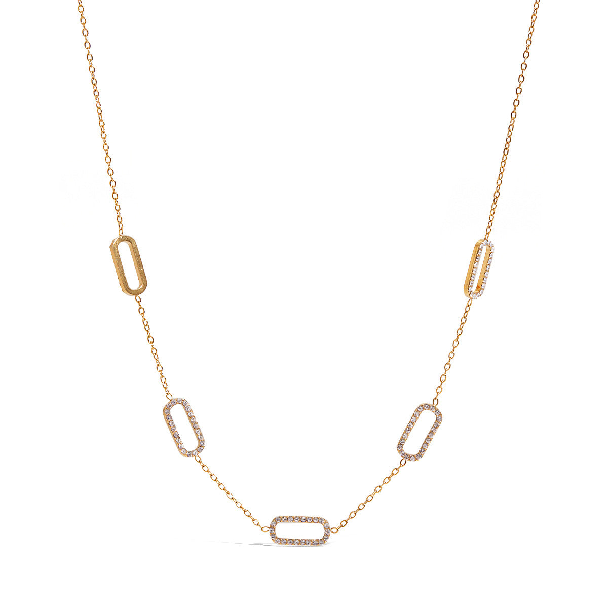 Amayah Jewelry quince link necklace  - delicate chain with open rectangular crystal and plain link stations on white background