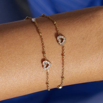 Amayah Jewelry Sofia Crystal Charm Bracelet — delicate satellite chain with heart charms