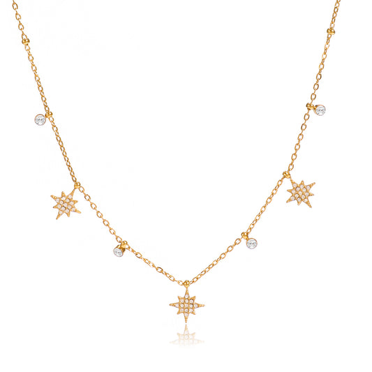 Amayah Jewelry Stella Star Charm Necklace — delicate chain with crystal starburst charms and single crystal drops on white background