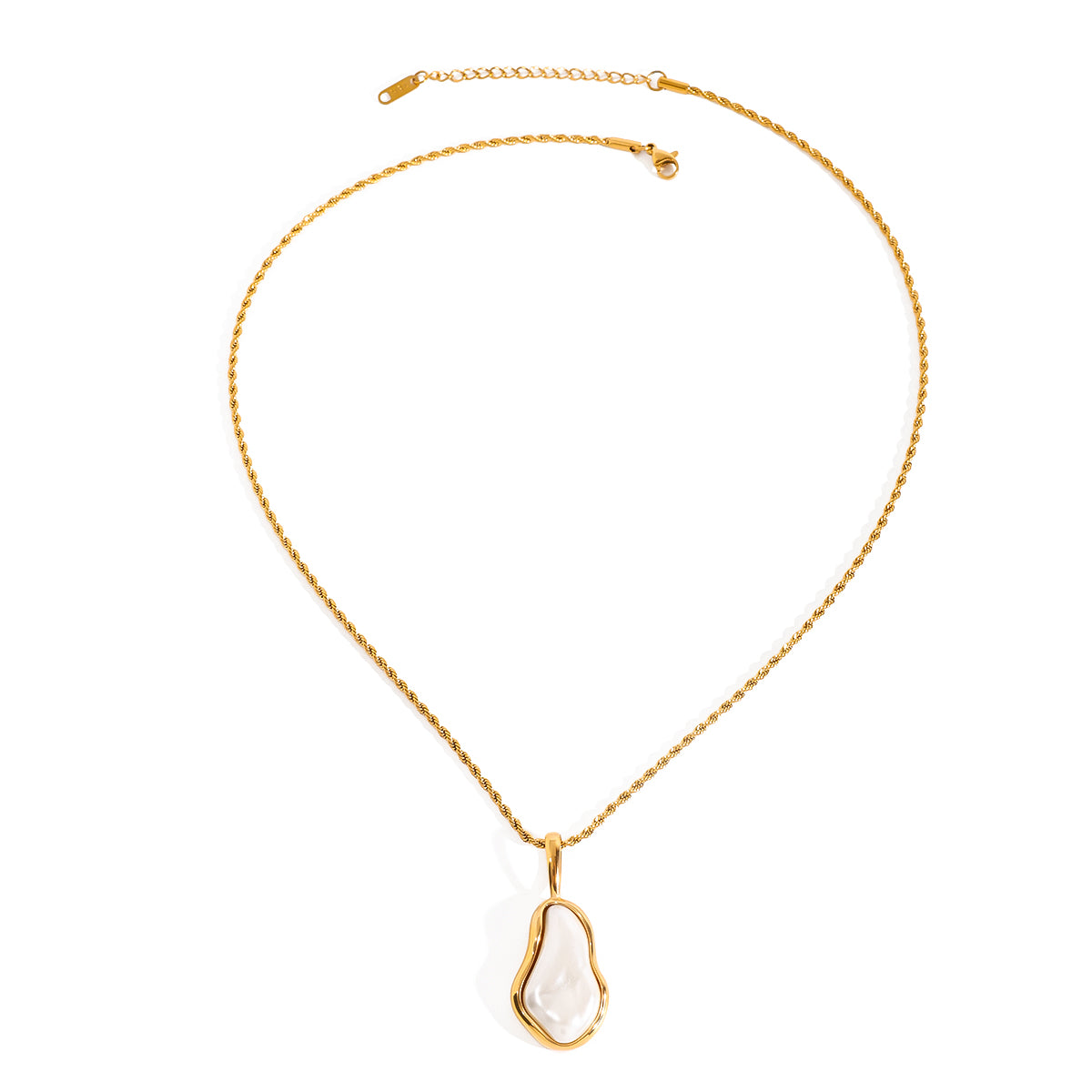 Amayah Jewelry Camille Pearl Pendant Necklace — baroque pearl in open gold frame bezel on twisted rope chain, white background