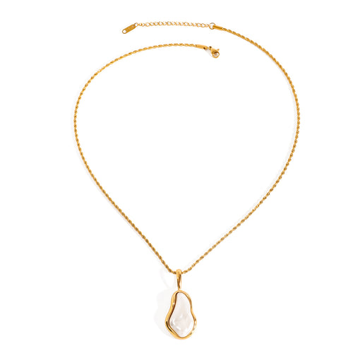 Amayah Jewelry Camille Pearl Pendant Necklace — baroque pearl in open gold frame bezel on twisted rope chain, white background