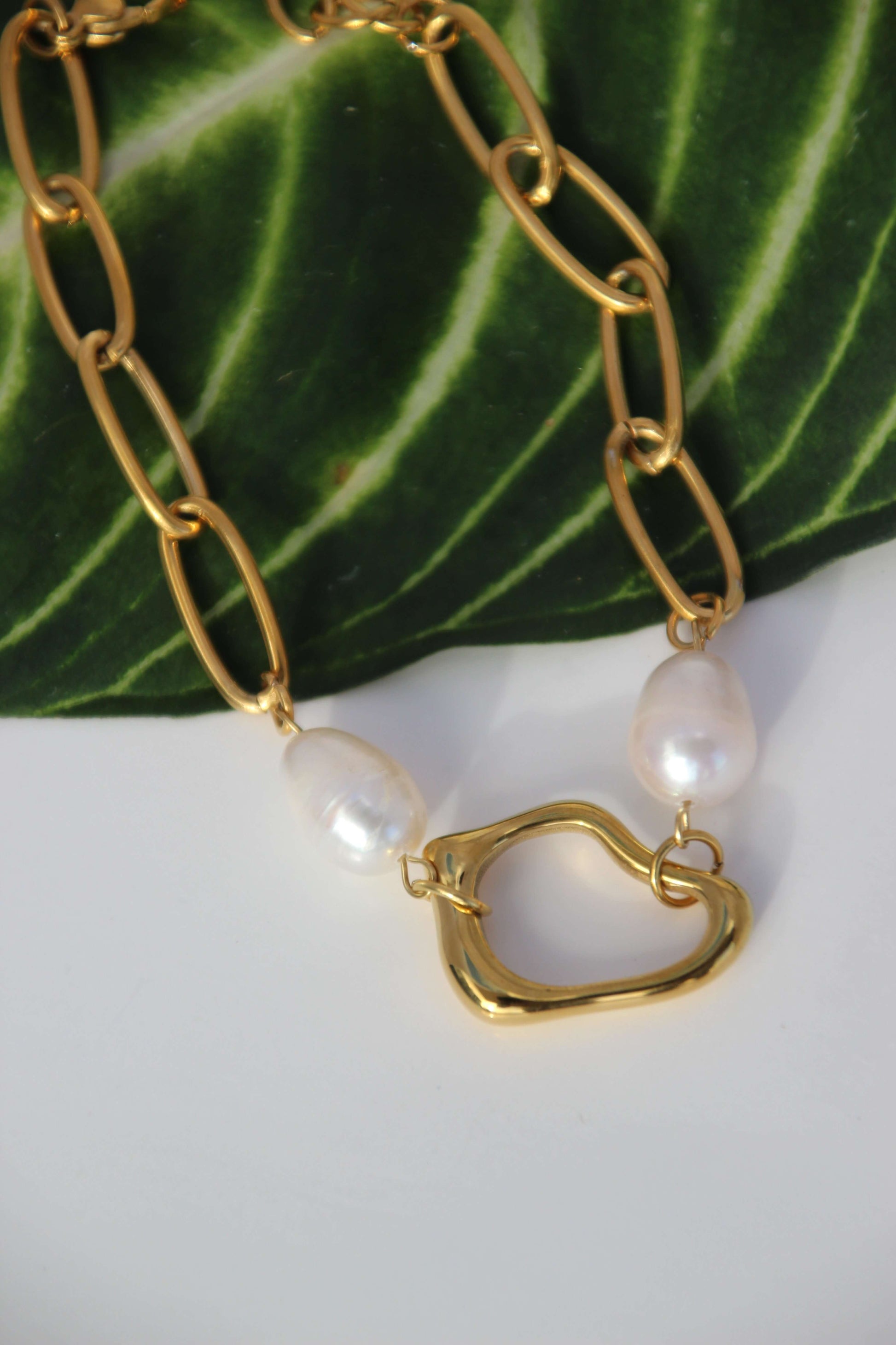 Gold baroque pearl link bracelet, stainless steel, waterproof