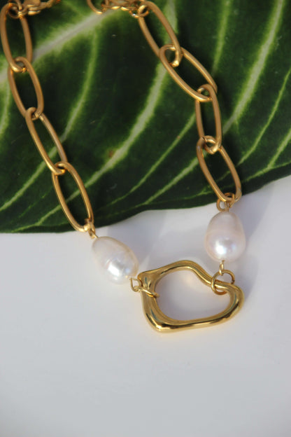 Gold baroque pearl link bracelet, stainless steel, waterproof