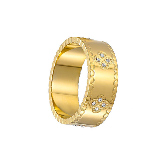 Gold clover motif ring with cubic zirconia stones, PVD gold plated stainless steel, waterproof and tarnish-free, elegant statement jewelry for everyday or special occasions
