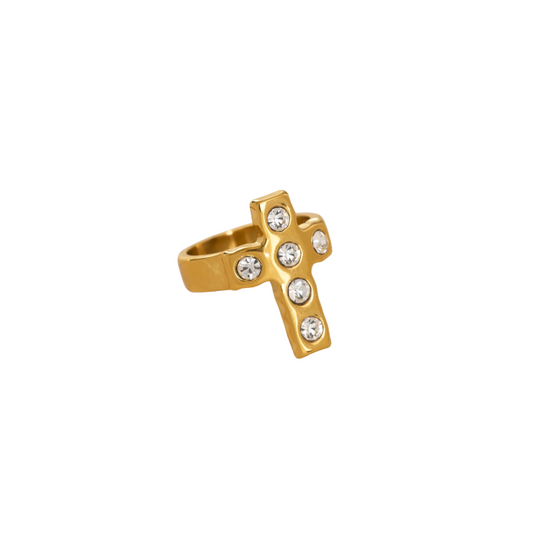 Gold cross crystal statement ring, stainless steel, waterproof