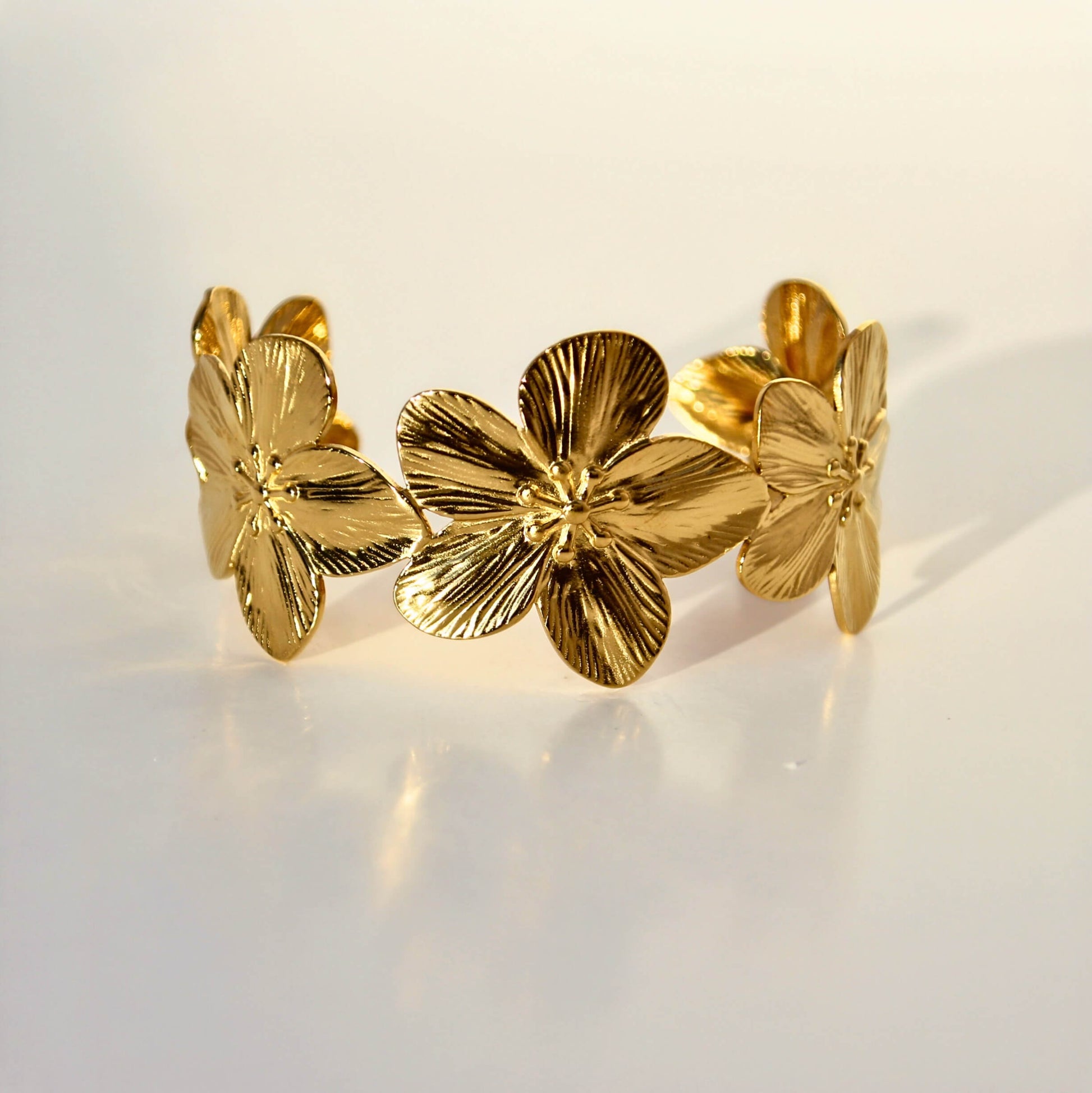 Gold floral cuff bracelet, stainless steel, waterproof