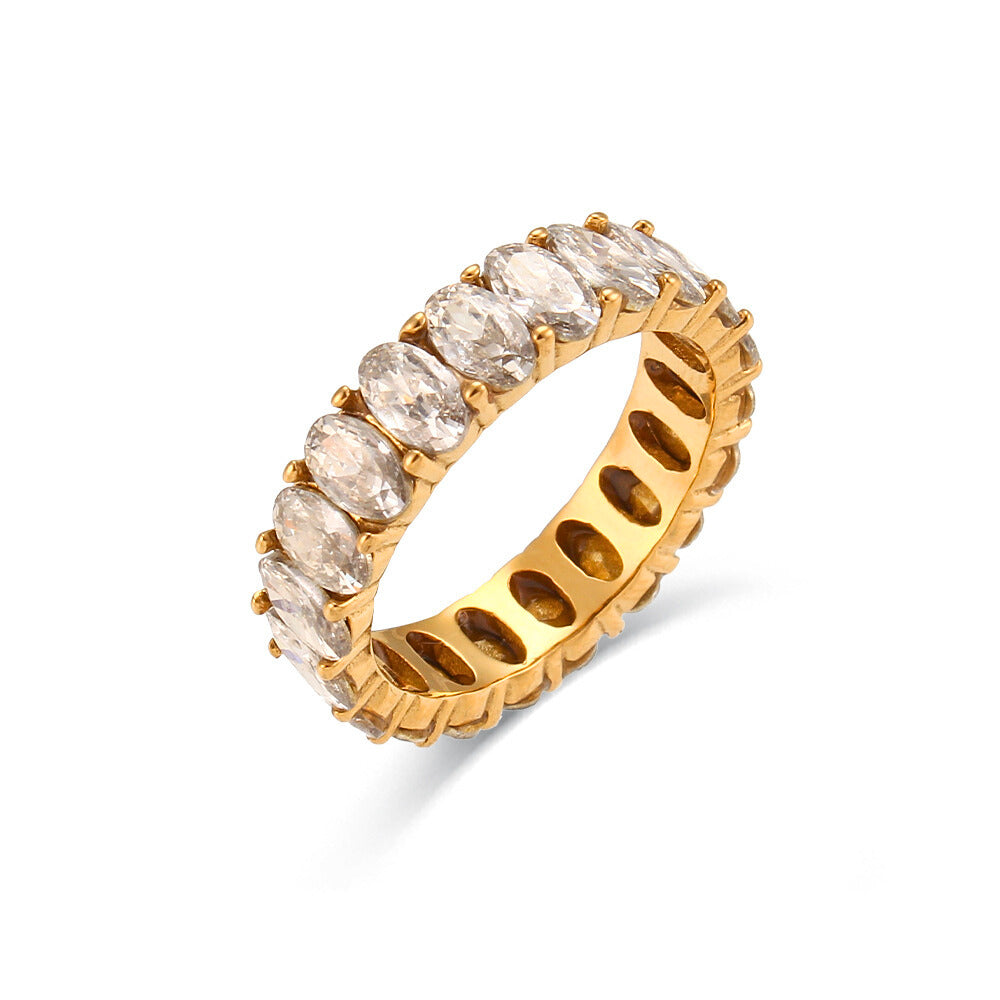 Gold-plated stainless steel eternity band with sparkling stones, waterproof and tarnish-resistant, perfect for everyday wear and special occasions