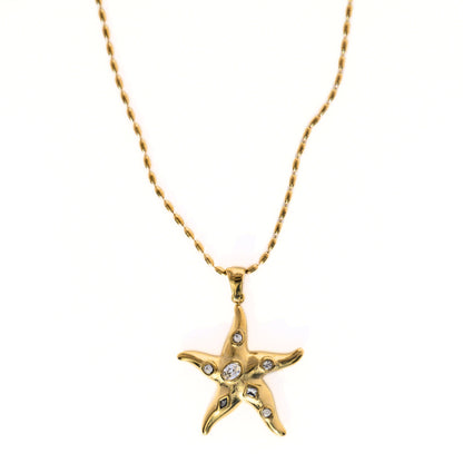Gold starfish crystal pendant necklace, stainless steel, waterproof