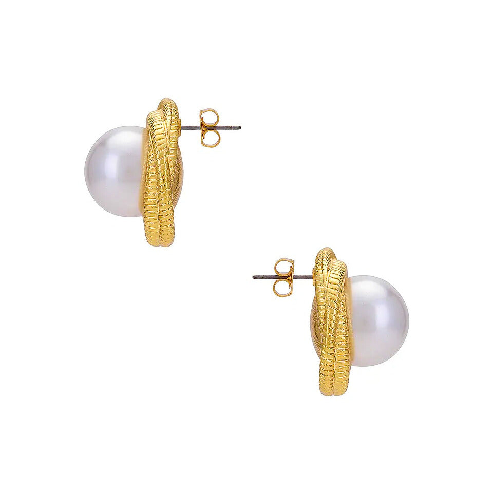 Gold swirl earrings with lustrous pearls, blending classic elegance and modern style