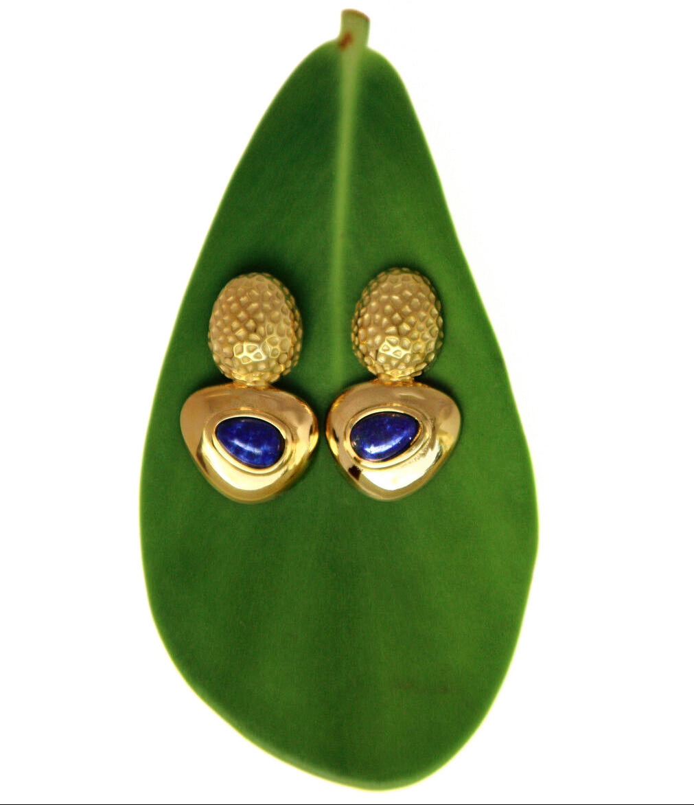 Hammered gold and deep blue PVD gold-plated waterproof stainless steel statement earrings