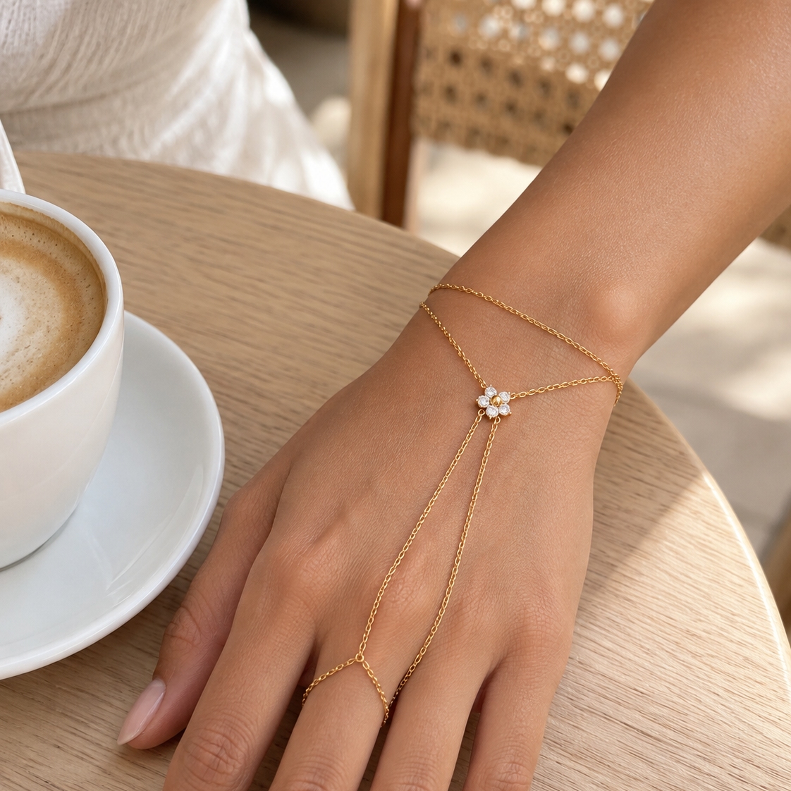 A delicate gold chain hand bracelet with a small white flower charm, worn on a woman's wrist and fingers, shown in a cafe setting next to a cup of coffee.