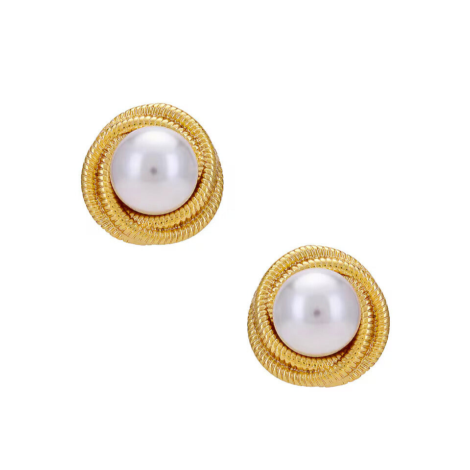 Gold swirl earrings with lustrous pearls, blending classic elegance and modern style