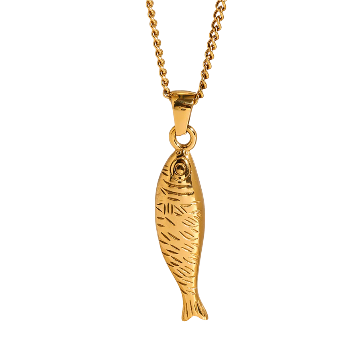 Gold sardine pendant necklace with detailed fish charm
