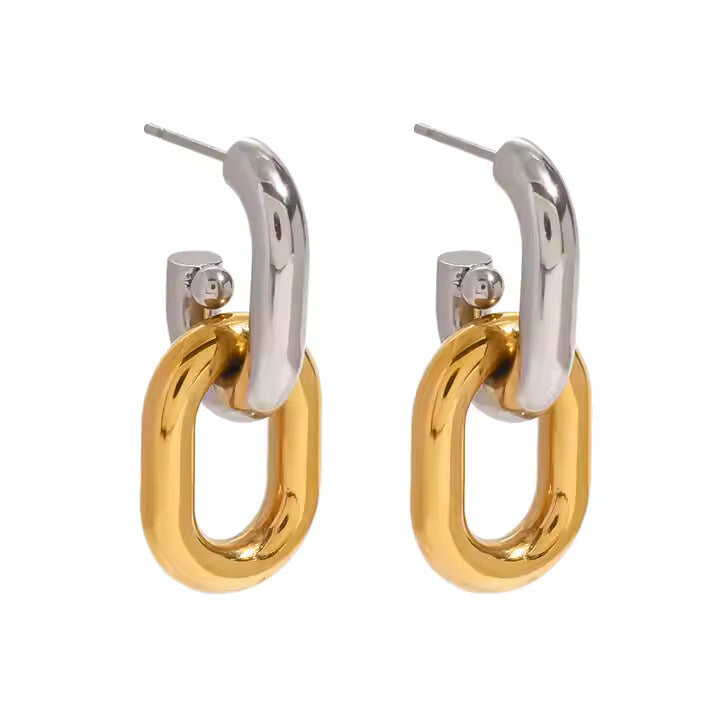 Silver-toned hoop earrings with bold gold link dangle design