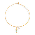 Gold wire collar necklace with an abalone shellfish pendant and clear crystal teardrop charm
