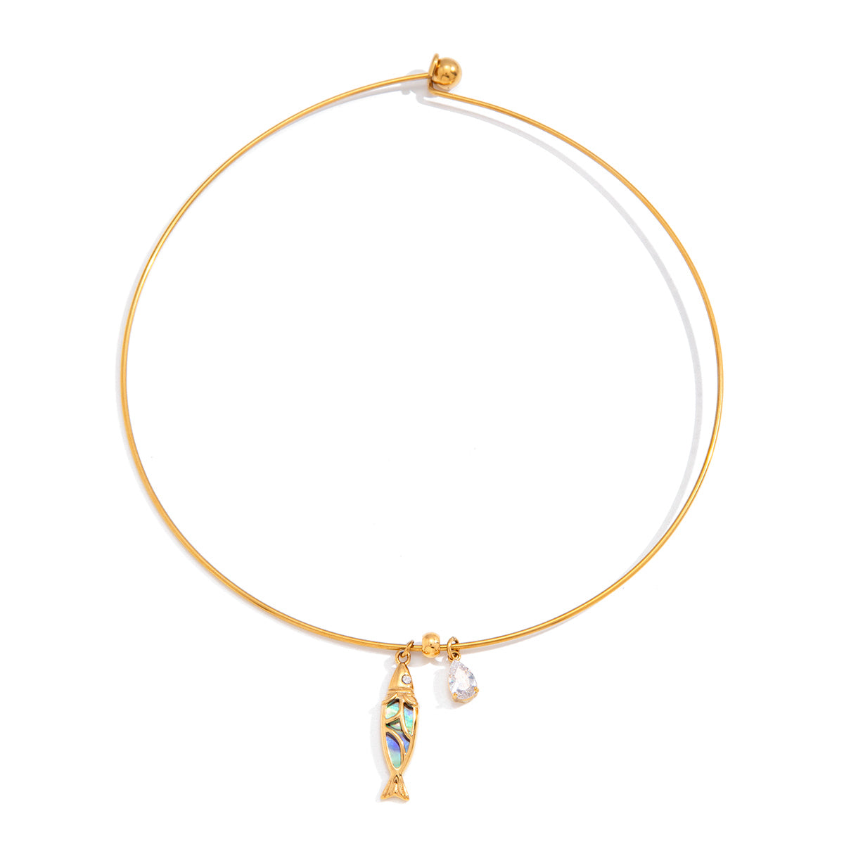 Gold wire collar necklace with an abalone shellfish pendant and clear crystal teardrop charm