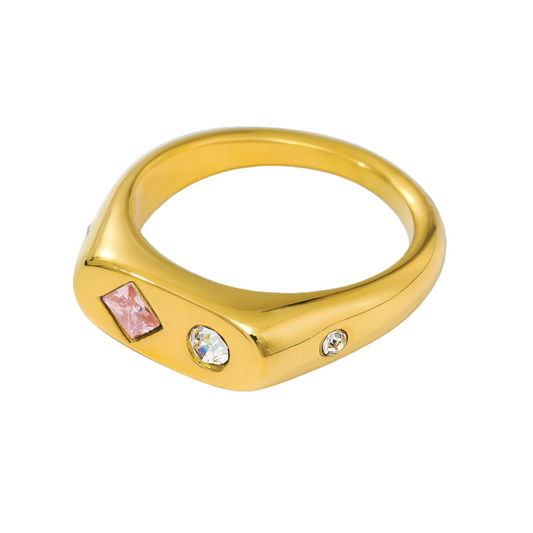 Gold ring with pink gem and clear stones, stainless steel, waterproof