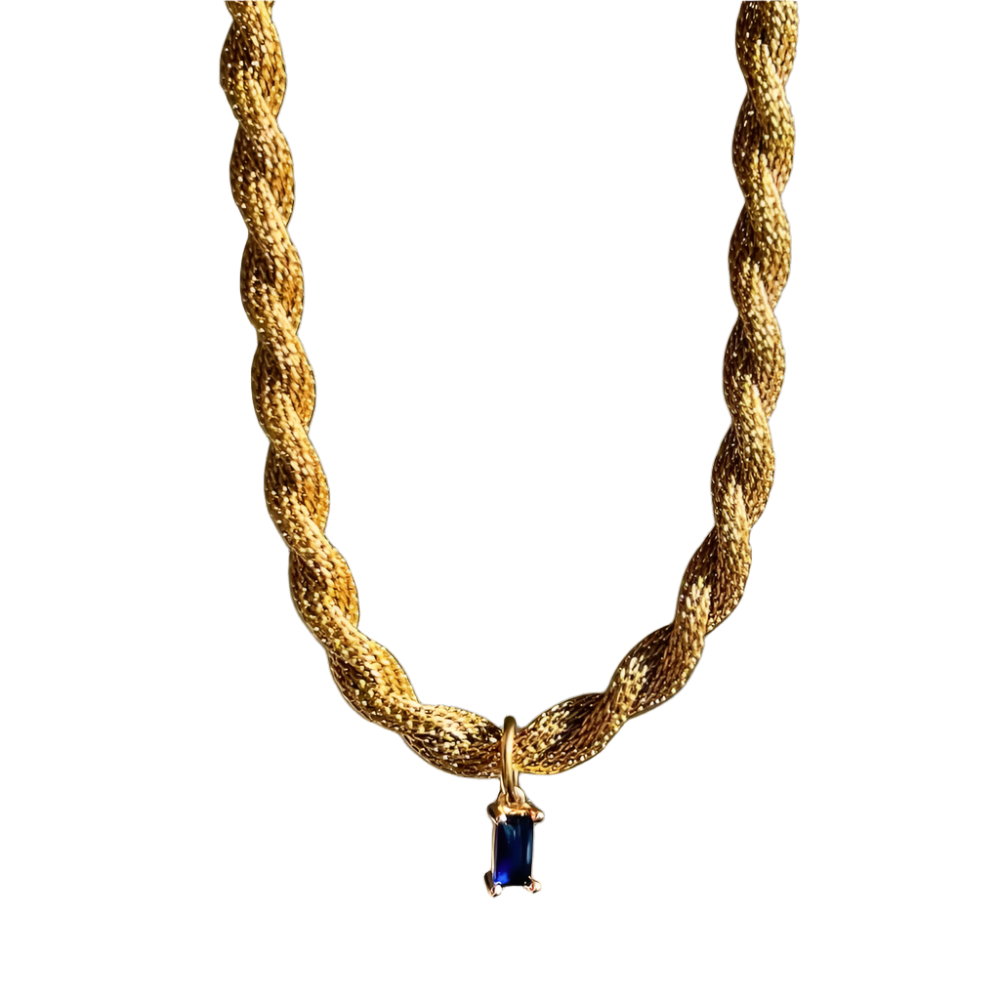 Gold twisted chain necklace with blue gemstone, stainless steel, waterproof