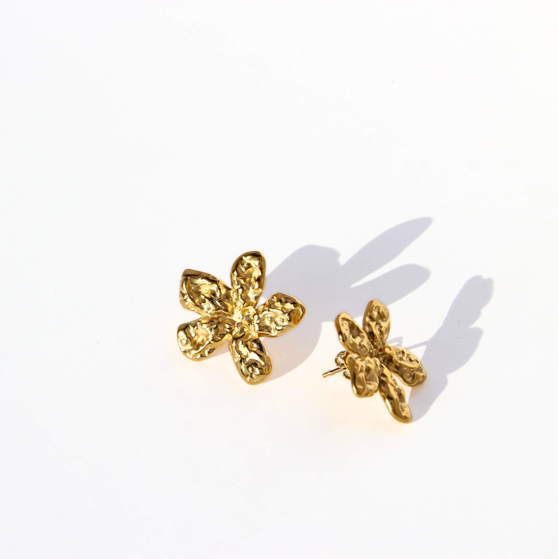 Gold floral sculptural earrings, stainless steel, waterproof