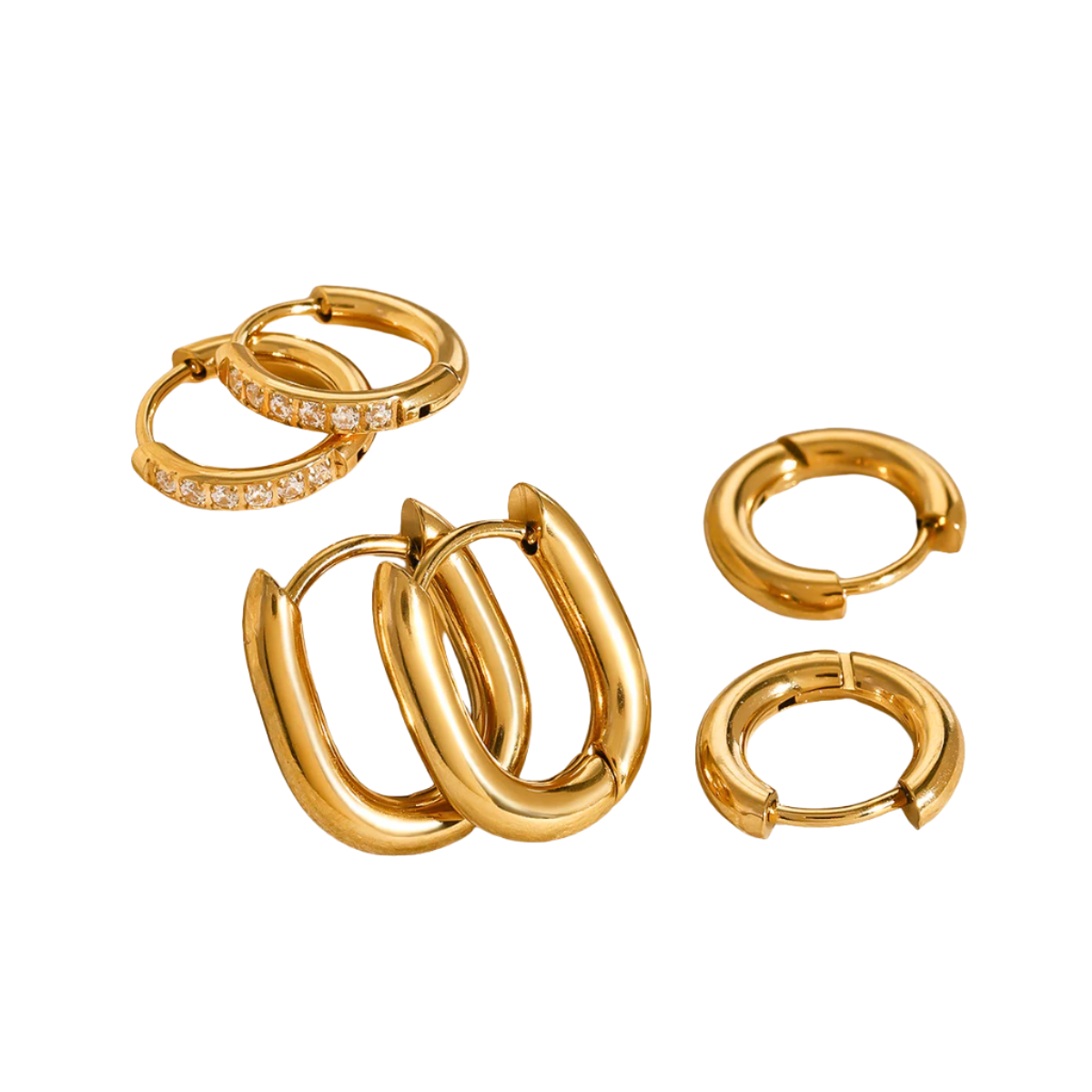 Set of six gold hoop earrings including U-shaped, round, and pavé crystal designs