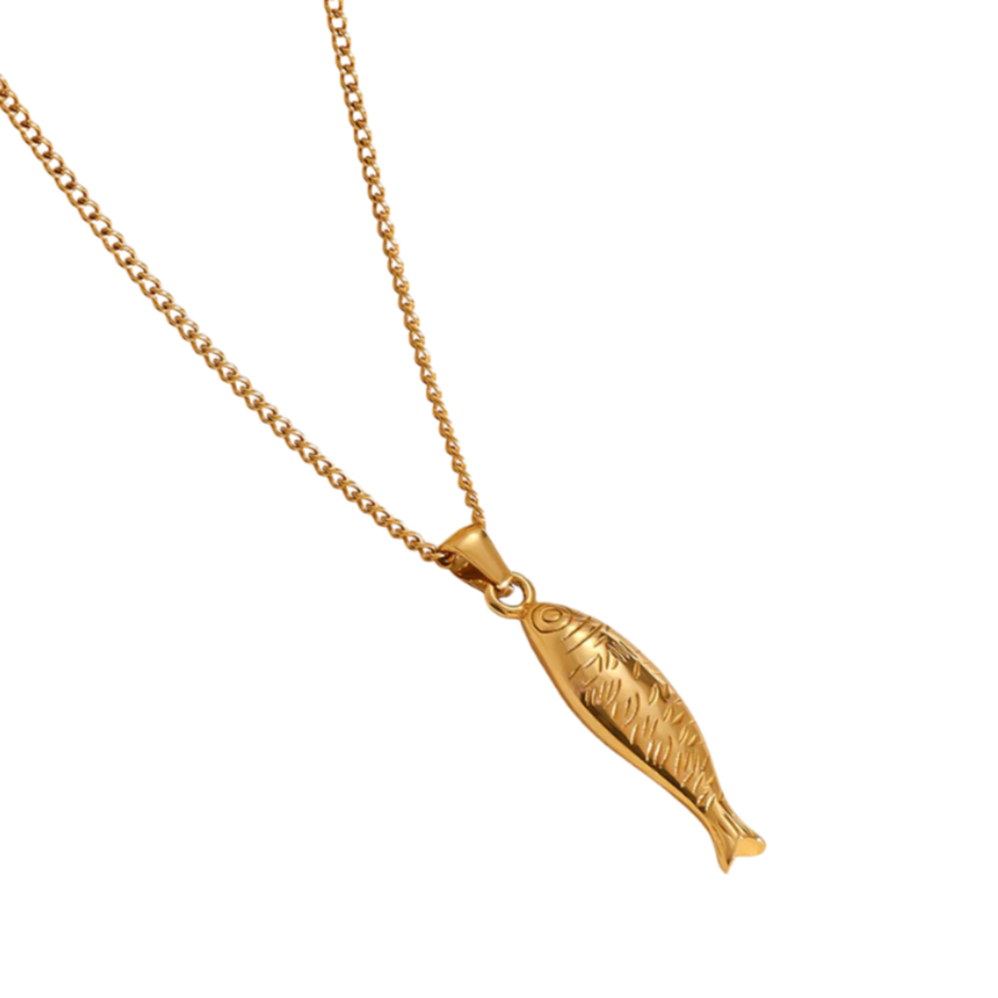 Gold sardine pendant necklace with detailed fish charm