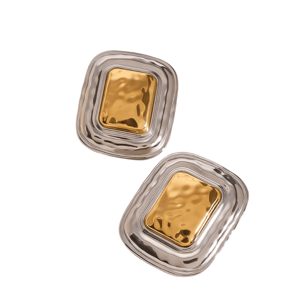 Chunky statement earrings with silver border and textured gold rectangle center