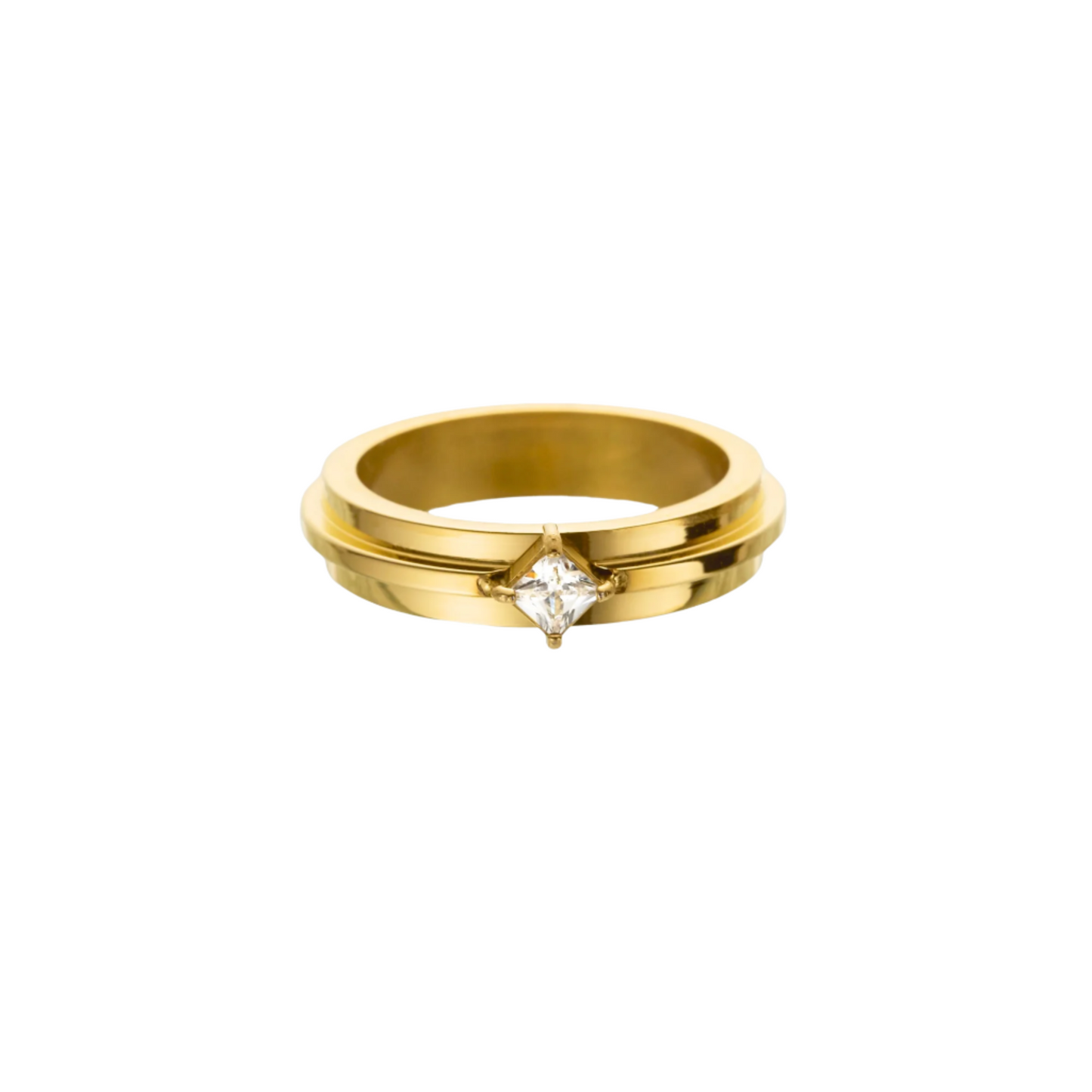 Gold ring with radiant square-cut gem and modern minimalist design